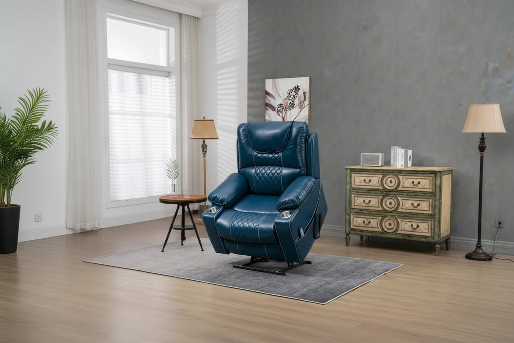 Oversized PU Leather Power Lift Recliner with Massage, Lumbar Heating, Cup Holder, 180 Flat Lay