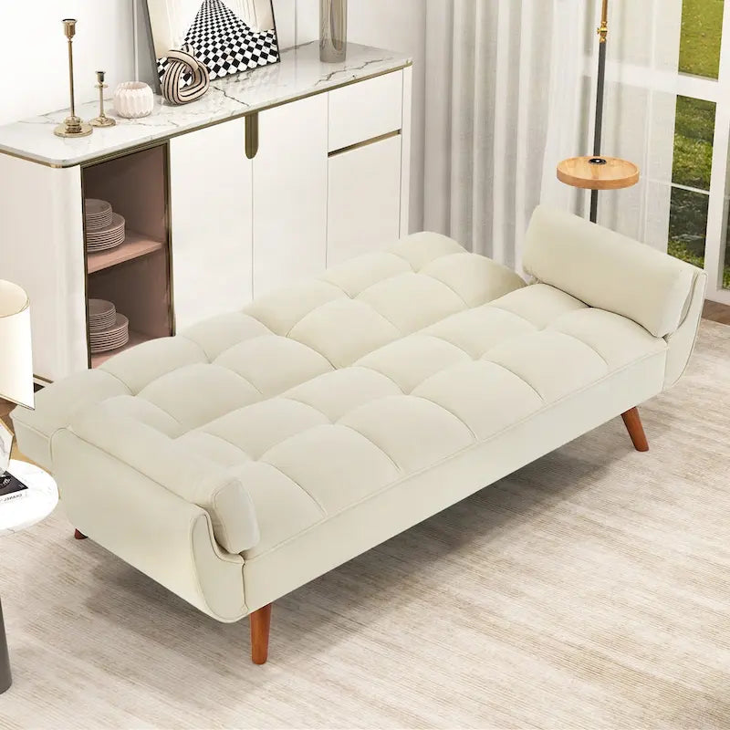 75.39 CALA. Sofa-futon, rozkładana tapicerowana kanapa z odchylanym dzielonym oparciem z pikowaniem