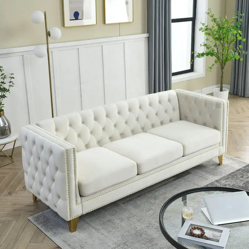 Aksamitna sofa do salonu, pikowana, z guzikami, z kwadratowymi podłokietnikami, nowoczesna sofa tapicerowana z guzikami