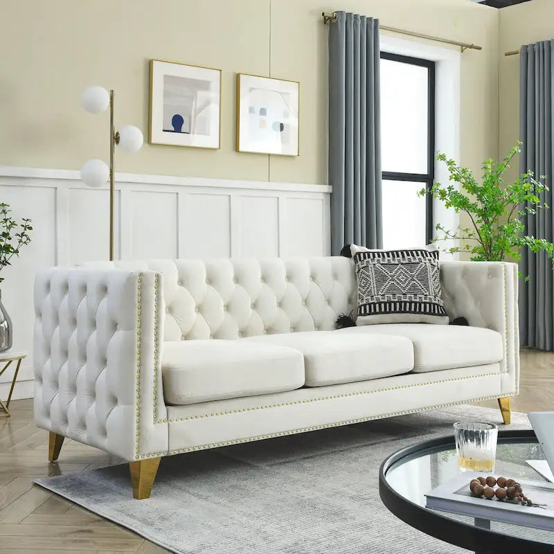 Aksamitna sofa do salonu, pikowana, z guzikami, z kwadratowymi podłokietnikami, nowoczesna sofa tapicerowana z guzikami