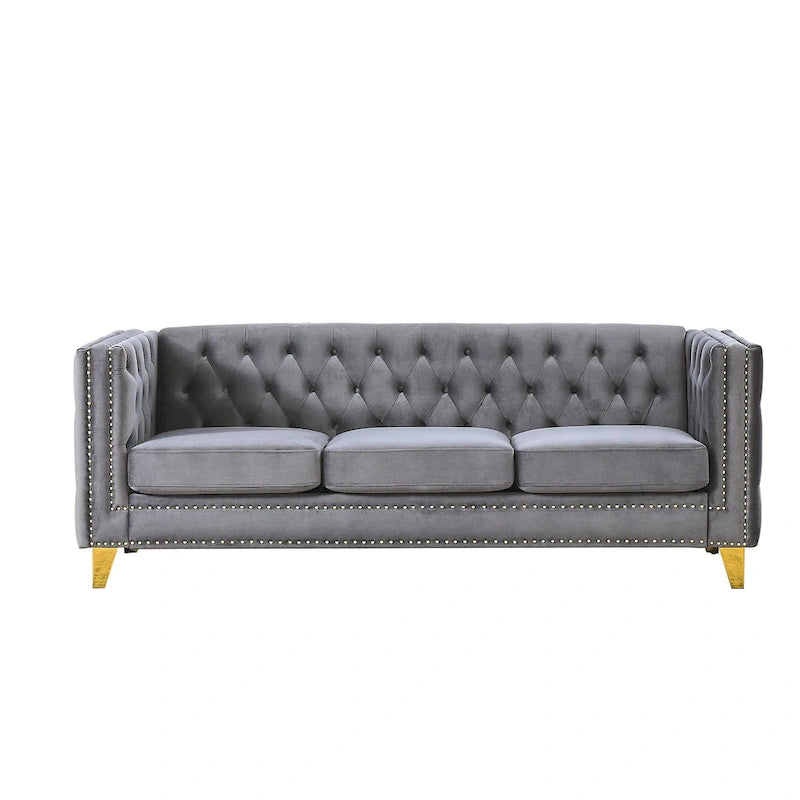 Aksamitna sofa do salonu, pikowana, z guzikami, z kwadratowymi podłokietnikami, nowoczesna sofa tapicerowana z guzikami