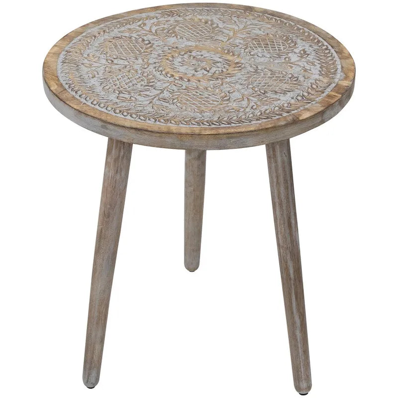 21 Antique Gray Engraved Round Tri Leg Wooden Side Table
