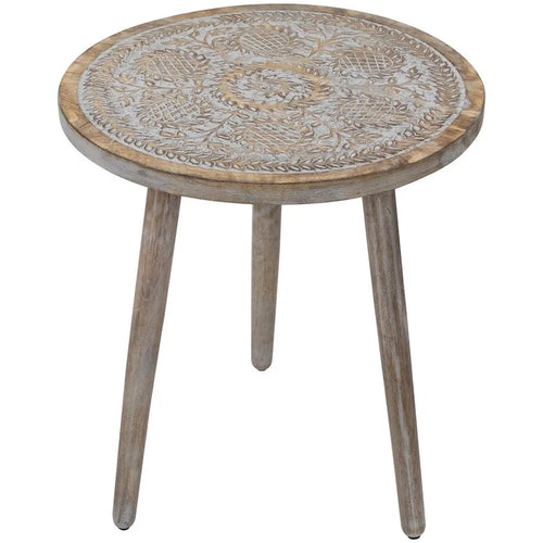 21 Antique Gray Engraved Round Tri Leg Wooden Side Table