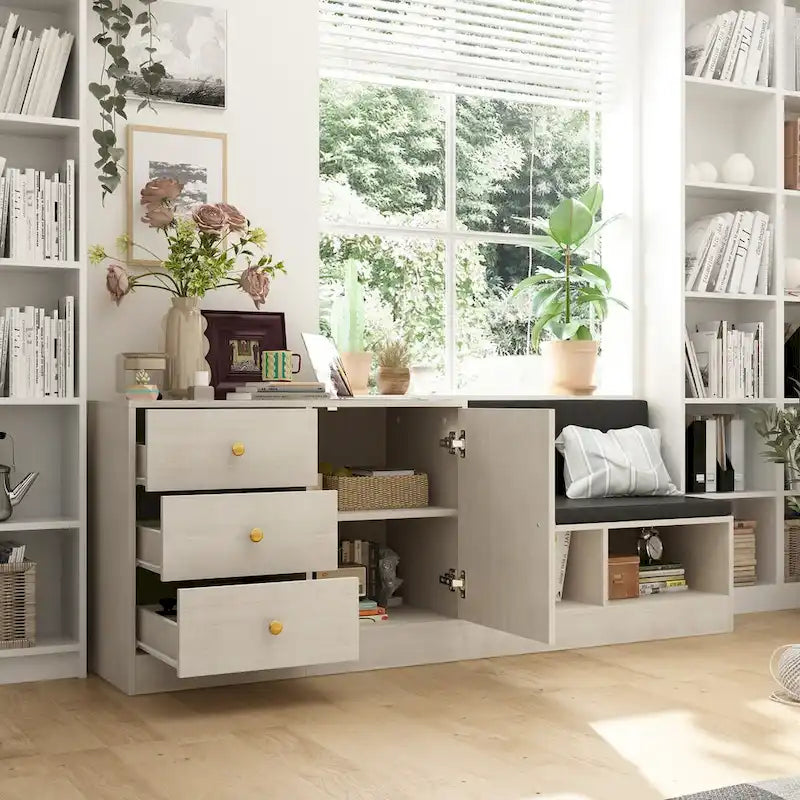 White Entryway Shoe Storage Bench with Black Cushion and Drawers